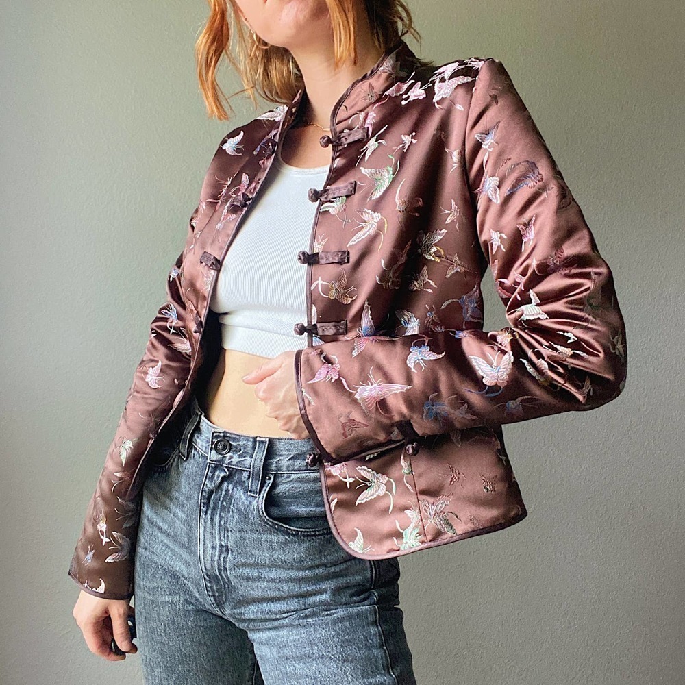 Y2K Old Navy Brown Satin Butterfly Printed Chinese Style Jacket